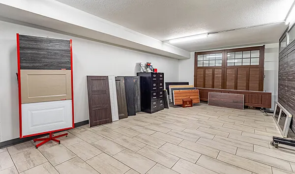 Garage Doors showroom with garage door samples from Hicklin Garage Door Des Moines