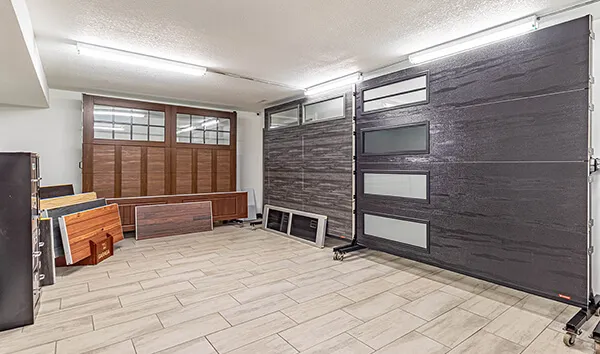 Garage Doors showroom with garage door samples from Hicklin Garage Door Des Moines
