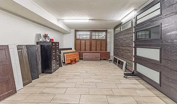 Garage Doors showroom with garage door samples from Hicklin Garage Door Des Moines